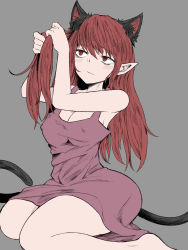 Rule 34 | 1girl, :/, adjusting hair, alternate hairstyle, animal ears, bags under eyes, barefoot, breasts, cat ears, cat tail, cleavage, closed mouth, commentary request, covered erect nipples, dress, extra ears, fe (tetsu), foot out of frame, grey background, hair between eyes, hands up, highres, holding, holding hair, kaenbyou rin, long hair, medium breasts, multiple tails, nekomata, pointy ears, purple dress, red eyes, red hair, simple background, sitting, slit pupils, solo, tail, touhou, two tails, very long hair, yokozuwari