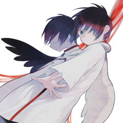 Rule 34 | 2boys, akio (89e), angel wings, baroque (series), black eyes, black hair, black wings, brothers, child, closed eyes, dated commentary, hair over one eye, male focus, multiple boys, protagonist (baroque), reaching, robe, short hair, siblings, single wing, twins, white background, white robe, white wings, wings