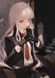 Rule 34 | 1girl, armchair, black gloves, black jacket, black skirt, blunt bangs, buttoned cuffs, chair, chess piece, chessboard, chongzhen 085, chromatic aberration, closed mouth, collared jacket, collared shirt, cowboy shot, danganronpa: trigger happy havoc, danganronpa (series), elbow rest, gloves, grey hair, hands up, highres, jacket, kirigiri kyoko, long sleeves, looking at viewer, miniskirt, necktie, on chair, open clothes, open jacket, pink eyes, pleated skirt, red necktie, shirt, sidelocks, sitting, skirt, smile, solo, steepled fingers, suit jacket, throne, white shirt