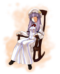 Rule 34 | 1girl, bad id, bad pixiv id, chair, closed eyes, crescent, crescent hat ornament, female focus, full body, gradient background, hat, hat ornament, kirisato itsuki, long hair, patchouli knowledge, purple hair, ribbon, sitting, sleeping, sleeping upright, solo, touhou