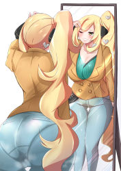 Rule 34 | 1girl, absurdres, ass, blonde hair, breasts, cleavage, coat, cosplay, creatures (company), cynthia (pokemon), denim, from behind, game freak, gluteal fold, hair ornament, highres, huge filesize, jeans, large breasts, lips, lipstick, long hair, long sleeves, makeup, matching hair/eyes, mirror, namonakisyura, nintendo, one eye closed, pants, pantylines, pokemon, pokemon dppt, pokemon swsh, reflection, side ponytail, simple background, smile, solo, sonia (pokemon) (cosplay), standing, thigh gap, very long hair, white background, wide hips, wink, yellow eyes