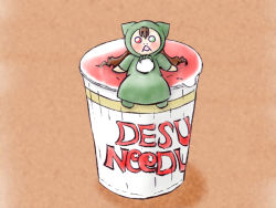 Rule 34 | 00s, 1girl, brown hair, cup, doll, dress, frown, green dress, green eyes, head scarf, jissouseki, looking at viewer, nissin cup noodle, open mouth, red eyes, rozen maiden, solo