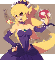 Rule 34 | 1girl, blonde hair, bowsette, bracelet, breasts, brown background, collar, collarbone, commentary request, covered navel, detached sleeves, fire, hair between eyes, hand on own hip, holding, horns, jewelry, lizard tail, long hair, looking away, looking to the side, mario (series), medium breasts, metata, new super mario bros. u deluxe, nintendo, open mouth, purple skirt, purple sleeves, red eyes, sharp teeth, skirt, solo, spiked bracelet, spiked collar, spikes, super mushroom, tail, teeth, two-tone background, white background, white horns