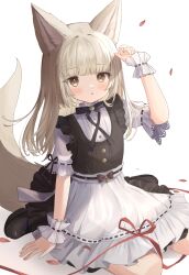 Rule 34 | 1girl, :o, animal ear fluff, animal ears, apron, arm up, black bow, black dress, black footwear, blush, bow, brown eyes, brown hair, commentary request, dress, fox ears, fox girl, fox tail, frilled apron, frills, goma (u p), highres, long hair, looking at viewer, original, parted lips, petals, ribbon-trimmed apron, ribbon trim, shirt, shoes, short sleeves, simple background, sitting, sleeveless, sleeveless dress, solo, tail, very long hair, waist apron, wariza, white apron, white background, white shirt, wrist cuffs