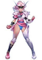 Rule 34 | &gt;:), 1girl, alternate skin color, armor, armored boots, asymmetrical footwear, blouse, blue sash, blush, boots, breastplate, breasts, chinese clothes, circlet, clenched hands, commentary request, corruption, dark-skinned female, dark persona, dark skin, dragon quest, dragon quest dai no daibouken, evil, evil grin, evil smile, fingerless gloves, gloves, greaves, grin, highres, looking at viewer, maam, matsuda (matsukichi), medium breasts, mismatched footwear, myst-vearn, open mouth, pauldrons, pink footwear, pink gloves, pink hair, pink shirt, ponytail, possessed, possession, sash, shield, shirt, short hair, short ponytail, short sleeves, shoulder armor, sidelocks, smile, solo, thighs, v-shaped eyebrows