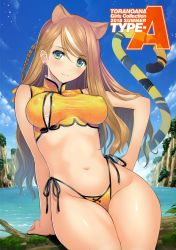 Rule 34 | 1girl, absurdres, animal ears, arm support, bare shoulders, bikini, blue sky, blush, braid, breasts, brown hair, cat ears, cat tail, closed mouth, cloud, cloudy sky, covered erect nipples, day, earrings, green eyes, hand on own hip, highleg, highleg bikini, highres, jewelry, large breasts, long hair, looking at viewer, multicolored hair, navel, scan, shiny clothes, shiny skin, side-tie bikini bottom, sitting, sky, smile, solo, swimsuit, tail, thighs, tiger ears, tiger tail, tony taka, toranoana, water, white hair