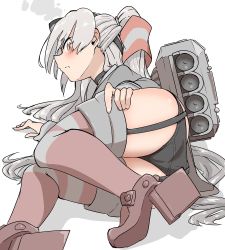 Rule 34 | 1girl, amatsukaze (kancolle), ass, black panties, commentary request, dress, garter straps, hair tubes, highres, kantai collection, lifebuoy, long hair, looking at viewer, lying, machinery, namakura neo, on side, panties, red thighhighs, rudder footwear, sailor dress, short dress, silver hair, simple background, smokestack hair ornament, solo, striped clothes, striped thighhighs, swim ring, thighhighs, torpedo launcher, two side up, underwear, white background