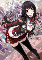 Rule 34 | 1girl, absurdres, ascot, bent over, black gloves, black hair, black thighhighs, breasts, card, cleavage, earrings, fingerless gloves, flower, gloves, highres, jewelry, large breasts, long hair, looking at viewer, microphone, microphone stand, mikoto akemi, plaid, plaid skirt, playing card, pleated skirt, red eyes, scan, skirt, smile, solo, thighhighs, very long hair