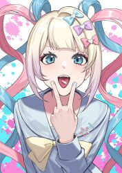 Rule 34 | 1girl, absurdres, an mu, blonde hair, blue bow, blue eyes, blue hair, blue nails, blue shirt, blunt bangs, blush, bow, chouzetsusaikawa tenshi-chan, hair bow, hand up, highres, long hair, long sleeves, looking at viewer, multicolored hair, nail polish, needy girl overdose, open mouth, paint splatter, pill on tongue, pink bow, pink hair, purple bow, quad tails, sailor collar, shirt, smile, solo, tongue, tongue out, upper body, v over mouth, yellow bow, yellow nails
