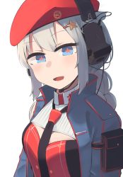 Rule 34 | + +, 1girl, beret, black necktie, blue eyes, blue jacket, braid, braided ponytail, breasts, flower-shaped pupils, girls&#039; frontline, grey hair, hair ornament, hairclip, hat, hat ornament, headphones, highres, hinami047, jacket, long hair, looking at viewer, necktie, open clothes, open jacket, open mouth, ots-12 (girls&#039; frontline), red hat, russian flag, smile, solo, soviet flag, star-shaped pupils, star (symbol), star hair ornament, star hat ornament, symbol-shaped pupils, white background
