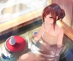 Rule 34 | 1girl, bare shoulders, bathhouse, blurry, bottle, brown hair, choko (cup), closed mouth, collarbone, commentary, commission, cup, forehead, highres, holding, holding cup, indoors, looking afar, naked towel, onsen, original, parted bangs, sake bottle, sidelocks, sitting, skeb commission, smile, solo, steam, towel, virtual youtuber, yellow eyes, yoshimori isa