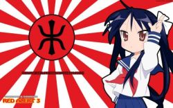 Rule 34 | 1girl, command and conquer, hiiragi kagami, lowres, lucky star, parody, red alert 3, rising sun flag, school uniform, solo, sunburst, third-party edit, twintails, yuriko omega