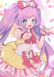 Rule 34 | 1girl, :d, ahoge, aqua eyes, blush, bow, commentary request, commission, confetti, detached collar, detached sleeves, dress, foreshortening, frilled skirt, frills, hair bow, highres, holding, holding microphone, idol, idol clothes, layered skirt, long hair, looking at viewer, manaka laala, marueri, microphone, multicolored clothes, multicolored dress, open mouth, outstretched arm, pink bow, pointing, pointing at viewer, pretty series, pripara, puffy detached sleeves, puffy sleeves, purple hair, short dress, skeb commission, skirt, sleeveless, sleeveless dress, smile, solo, sparkle, standing, star (symbol), twintails, very long hair, waist bow, white sleeves