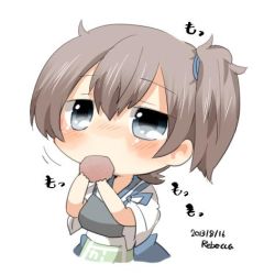 Rule 34 | 10s, 1girl, bad id, bad twitter id, blue eyes, blush, brown hair, eating, food, kaga (kancolle), kantai collection, lowres, rebecca (keinelove), short hair, solo