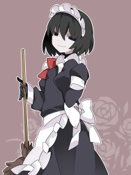 Rule 34 | 1girl, alternate costume, apron, black dress, black eyes, black hair, bob cut, bow, breasts, broom, brown background, closed mouth, commentary, cowboy shot, dress, dress bow, empty eyes, enmaided, floral background, flower, gloves, hairband, hammer (sunset beach), hand up, highres, holding, holding broom, long sleeves, looking at viewer, maid, maid apron, maid headdress, monogatari (series), narrowed eyes, oshino ougi, pale skin, puffy sleeves, red bow, rose, short hair, sleeves past fingers, sleeves past wrists, small breasts, smile, solo, standing, white apron, white bow, white hairband