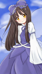 Rule 34 | 1girl, blue dress, bow, brown eyes, brown hair, commentary request, dress, fairy, fairy wings, hair bow, highres, long hair, p.w., ribbon, smile, solo, star sapphire, touhou, wings
