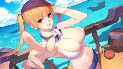 Rule 34 | 1girl, absurdres, bare arms, bare shoulders, barrel, bikini, bikini top only, blue shorts, blue sky, blush, breasts, brown eyes, brown hair, character request, cleavage, closed mouth, cloud, cloudy sky, collarbone, copyright request, day, denim, denim shorts, headphones, headphones around neck, highres, large breasts, long hair, looking at viewer, midriff, navel, ocean, outdoors, pointing, pointing at viewer, rekaerb maerd, ship, short shorts, shorts, sky, smile, solo, standing, swimsuit, twintails, water, watercraft, white bikini