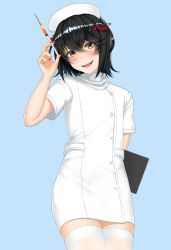 Rule 34 | 1boy, absurdres, alternate costume, arm behind back, black hair, blue background, blush, clipboard, commentary, cowboy shot, crossdressing, crossed bangs, dress, flat chest, hand up, hat, head tilt, highres, holding, holding syringe, invisible wall, karasu (jjwh2832), leaning back, looking at viewer, male focus, mashiro meme, medium hair, nail polish, nijisanji, nurse, nurse cap, open mouth, red nails, short dress, short sleeves, sidelocks, simple background, smile, solo, symbol-only commentary, syringe, teeth, thighhighs, thighs, trap, upper teeth only, virtual youtuber, white dress, white thighhighs, yellow eyes