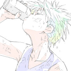 Rule 34 | 1boy, arm up, can, closed eyes, colored shadow, drinking, head back, holding, holding can, hunter x hunter, killua zoldyck, male focus, messy hair, mito tomiko, muted color, neck, partially colored, portrait, purple shirt, shadow, shirt, short hair, simple background, sleeveless, solo, sweat, watercolor effect, white background