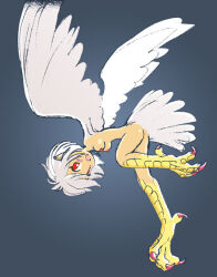 Rule 34 | 1girl, ass, breasts, harpy, large breasts, looking at viewer, monster girl, nipples, nude, pukao, red eyes, short hair, smile, solo, tail, white hair, wings
