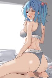 Rule 34 | 1girl, ;o, ass, blue eyes, blue hair, blush, bra, commentary, full body, grey bra, grey pants, hair bobbles, hair ornament, highres, indoors, kamukamu (ars), kawashiro nitori, looking at viewer, on bed, one eye closed, pants, pillow, seiza, sitting, solo, touhou, two side up, underwear