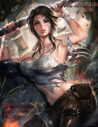 Rule 34 | 1girl, armpits, bandaged arm, bandages, bare shoulders, breasts, brown eyes, brown hair, camisole, cowboy shot, cuts, dirty, female focus, highres, injury, lara croft, large breasts, long hair, looking at viewer, midriff, navel, parted lips, realistic, resized, sakimichan, shirt, solo, tomb raider, tomb raider (reboot), torn clothes, torn shirt, upscaled, watermark, web address, wrist wrap