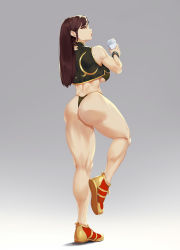 Rule 34 | 1girl, ass, bikini, blueorca, bracelet, breasts, brown eyes, brown hair, bun cover, capcom, chun-li, coffee cup, cup, disposable cup, double bun, hair bun, hair down, highres, jewelry, large breasts, long hair, muscular, muscular female, no pants, shoes, solo, street fighter, striped, swimsuit, thick thighs, thighs, thong bikini