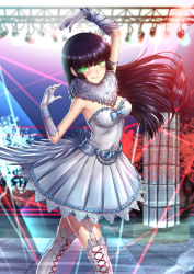 Rule 34 | 1girl, adsouto, arm guards, armlet, arms up, artist name, black hair, blush, boots, breasts, cleavage, commentary, dress, english commentary, feather boa, garter straps, gloves, glowing, glowing eyes, green eyes, grin, hair ornament, highres, medium breasts, melanie malachite, nightclub, rwby, smile, solo, standing, strapless, strapless dress, thigh boots, thighhighs, white dress