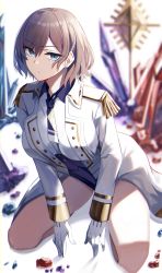 Rule 34 | 1girl, blazer, blue eyes, blurry, blurry background, breasts, crystal, epaulettes, gloves, gridman universe, highres, jacket, kneeling, large breasts, light brown hair, long sleeves, looking at viewer, military jacket, mujina, necktie, nicky w, short hair, solo, ssss.dynazenon, thighs, uniform, white gloves, white jacket