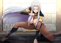 Rule 34 | 1girl, blush, breastless clothes, breasts, closed mouth, closed eyes, feet, female focus, floating hair, greco roman (spiral brain), groin, hand up, highres, indoors, kneeling, kunoichi, large breasts, legs apart, light blush, light purple hair, long hair, ninja, nose blush, original, purple hair, sidelocks, skin tight, smile, solo, tile wall, tiles, torn clothes