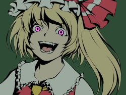 Rule 34 | 1girl, blonde hair, embodiment of scarlet devil, fangs, female focus, flandre scarlet, green theme, hat, hat ribbon, laughing, misopanne, mob cap, open mouth, pink eyes, ribbon, short hair, side ponytail, simple background, solo, teeth, touhou, white hat
