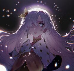 Rule 34 | 1girl, anastasia (fate), backlighting, black background, blue eyes, caustics, commentary request, cross, earrings, fate/grand order, fate (series), floating hair, hair over one eye, hair ribbon, highres, jewelry, long hair, looking at viewer, oarfish (artist), parted lips, ribbon, single earring, solo, upper body, white hair, yellow ribbon