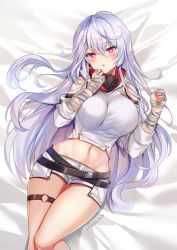 Rule 34 | 1girl, absurdres, artist name, bandaged hand, bandages, bed sheet, belt, breasts, closers, clothing cutout, crop top, hands up, highres, hood, hood down, hooded shirt, large breasts, long hair, looking at viewer, lying, maett, midriff, mirae (closers), navel, on back, parted lips, red eyes, shirt, short shorts, shorts, shoulder cutout, silver hair, solo, symbol-shaped pupils, thigh strap, thighs, turtleneck, very long hair, white shirt, white shorts