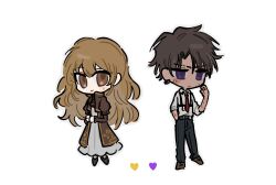 Rule 34 | 1boy, 1girl, ascot, blush stickers, brown dress, brown eyes, brown hair, catherine (project moon), chibi, commentary, curly hair, dark-skinned male, dark skin, dress, frilled dress, frilled sleeves, frills, full body, hand in pocket, heart, heathcliff (project moon), highres, limbus company, long hair, necktie, orange hair, own hands together, parted lips, project moon, purple eyes, red necktie, scar, scar on arm, scratching cheek, short hair, slugrab, smile, symbol-only commentary, white background
