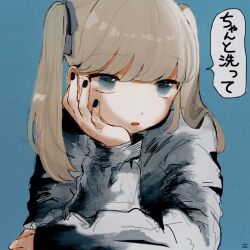 Rule 34 | 1girl, black nails, blonde hair, blue background, blue eyes, ccnaov, grey ribbon, grey sweater, hair ribbon, hand on own cheek, hand on own face, hand up, highres, long hair, long sleeves, looking at viewer, nail polish, open mouth, original, ribbon, simple background, solo, speech bubble, sweater, translation request, twintails, upper body
