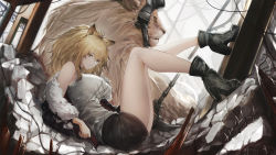 Rule 34 | 1girl, absurdres, animal, animal ears, arknights, bare shoulders, blonde hair, boots, breasts, clothes lift, fur trim, goggles, goggles on head, hammer, heart, highres, jacket, lion, lion ears, long hair, looking at viewer, marumoru, off shoulder, shirt lift, shorts, siege (arknights), sitting, solo, yellow eyes