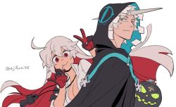 Rule 34 | 1boy, 1girl, ankh, arm up, asaya minoru, black cape, blue eyes, bodysuit, breasts, candy, cape, cleavage, closed mouth, food, food in mouth, gloves, grey hair, guilty gear, guilty gear xrd, hair between eyes, hood, hood up, hooded cape, horns, jack-o&#039; valentine, lollipop, long hair, looking at viewer, looking to the side, multicolored hair, raven (guilty gear), red eyes, red gloves, red hair, simple background, single horn, smile, twitter username, two-tone hair, v, very long hair, white background, white bodysuit