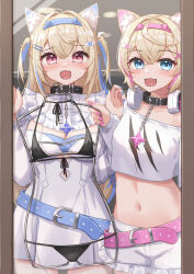 Rule 34 | 2girls, absurdres, animal ear fluff, animal ears, belt, belt collar, bikini, black bikini, black collar, blonde hair, blue belt, blue eyes, blue hair, blush, breasts, cleavage, cleavage cutout, clothing cutout, collar, cropped shirt, dog ears, dog girl, dress, fang, frilled shorts, frills, fuwawa abyssgard, fuwawa abyssgard (1st costume), hair ornament, hairpin, headphones, headphones around neck, highres, holding clothes hanger, hololive, hololive english, large breasts, long hair, looking at mirror, looking at viewer, medium hair, midriff, mirror, mococo abyssgard, mococo abyssgard (1st costume), multicolored hair, multiple girls, navel, open mouth, pink belt, pink eyes, pink hair, shirt, short shorts, shorts, siblings, sisters, skin fang, smile, streaked hair, swimsuit, twins, two side up, typho, virtual youtuber, white dress, white shirt, white shorts, x hair ornament