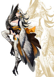 Rule 34 | 1girl, animal ears, belt, bird ears, bird legs, bird tail, black feathers, black wings, blue tongue, breasts, cleavage, colored tongue, digitigrade, feathered wings, feathers, gradient wings, harpy, highres, jewelry, large breasts, long hair, monster girl, multicolored wings, orange feathers, original, spyglass, tail, talons, toe ring, tongue, tongue out, usata q, white feathers, white wings, winged arms, wings, yellow eyes