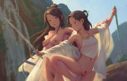 2girls armpit_hair bigrbear breasts brown_eyes brown_hair cleft_of_venus female_pubic_hair hair_ornament hair_stick highres holding holding_another&#039;s_arm holding_sword holding_weapon jian_(weapon) long_hair martial_arts medium_breasts multiple_girls navel nipples nude original pubic_hair pussy scabbard sheath small_breasts sword training uncensored weapon
