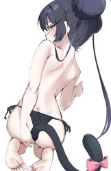 Rule 34 | 1girl, absurdres, anal tail, ass, bare shoulders, barefoot, black hair, black panties, blue archive, blurry, blush, butt crack, butt plug, depth of field, double bun, fake tail, full body, gen (unzzenasd), grey eyes, hair bun, highres, kisaki (blue archive), kneeling, long hair, looking at viewer, looking back, panties, side-tie panties, sidelocks, simple background, solo, tail, toes, topless, twintails, underwear, white background