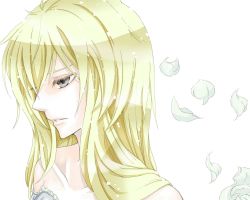 Rule 34 | 1girl, am., bare shoulders, beatmania, beatmania iidx, blind justice, blonde hair, collarbone, eyelashes, female focus, frills, grey eyes, long hair, looking away, matin catorce, parted lips, petals, sad, shade, simple background, solo, upper body, white background, zektbach