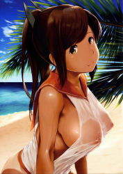 Rule 34 | 10s, 1girl, absurdres, alternate breast size, beach, bikini tan, breasts, brown eyes, brown hair, covered erect nipples, from side, highres, i-401 (kancolle), kantai collection, large breasts, long hair, looking at viewer, nipples, outdoors, palm tree, plant, ponytail, sand, scan, see-through, shirt, shore, sideboob, smile, solo, tan, tanline, taut clothes, taut shirt, tree, upper body, wa (genryusui), water, wet, wet clothes