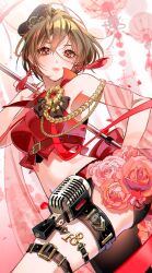 Rule 34 | 1girl, aiguillette, anniversary, armpits, brown eyes, brown hair, caracoro, commentary, crop top, earrings, flower, hand on own hip, hat, highres, holding, holster, jewelry, lantern, looking at viewer, meiko (vocaloid), microphone, midriff, nail polish, navel, paper lantern, rose, shirt, short hair, shorts, sleeveless, sleeveless shirt, smile, solo, tassel, tassel earrings, thigh holster, thigh strap, vocaloid