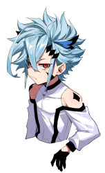 Rule 34 | 1boy, bare shoulders, black gloves, blue hair, cropped arms, cropped torso, gloves, half gloves, highres, humanization, long sleeves, looking at viewer, male focus, original, red eyes, short hair, solo, yadayada