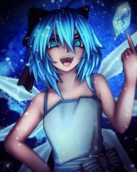 Rule 34 | 1girl, alternate costume, blue eyes, blue hair, blue pupils, blurry, cirno, dress, fixelcat, frozen frog, hair ribbon, hand on own hip, ice, ice wings, koumajou densetsu, looking at viewer, open mouth, ribbon, shaded face, short hair, sleeveless, sleeveless dress, smile, snowing, solo, touhou, white dress, wind, wings