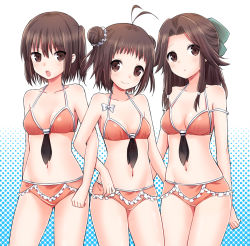 Rule 34 | 10s, 3girls, :o, adapted costume, alternate costume, antenna hair, bikini, blue eyes, blush, bow, breasts, brown eyes, brown hair, cleavage, double bun, frills, girl sandwich, gloves, hair bow, ica, jintsuu (kancolle), kantai collection, locked arms, long hair, looking at viewer, multiple girls, naka (kancolle), navel, open mouth, parted lips, sandwiched, sendai (kancolle), short hair, small breasts, smile, swimsuit, two side up