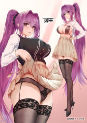 Rule 34 | alternate hairstyle, black panties, breasts, buttons, cleavage, clothes lift, fate/grand order, fate (series), garter belt, garter straps, hair intakes, high heels, highres, large breasts, lifting own clothes, long hair, long sleeves, looking at viewer, multiple views, office lady, open mouth, panties, pleated skirt, ponytail, purple hair, red eyes, scathach (fate), shirt lift, skirt, skirt lift, thighhighs, toyoman, underwear, very long hair