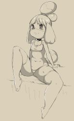 Rule 34 | 1girl, absurdres, animal crossing, animal ears, arm support, bare shoulders, beige background, bell, blush, breasts, choker, coffeechicken, collarbone, covered navel, dog ears, dog tail, female focus, full body, furry, furry female, hair bell, hair ornament, heart, heart-shaped pupils, highres, isabelle (animal crossing), jaggy lines, jingle bell, monochrome, nintendo, nose blush, one-piece swimsuit, short hair, sitting, sketch, small breasts, smile, solo, spread legs, swimsuit, symbol-shaped pupils, tail, thighhighs