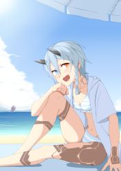Rule 34 | 1girl, :d, absurdres, bad id, bad pixiv id, bikini, blue bikini, blue eyes, blue hair, blue sky, blush, breasts, cleavage, cloud, commentary request, day, from side, hair between eyes, heterochromia, highres, horns, io (pso2), knee up, looking at viewer, looking to the side, medium breasts, navel, open mouth, orange eyes, outdoors, parasol, phantasy star, phantasy star online, phantasy star online 2, round teeth, shiver (siva-hl), short hair, short sleeves, sidelocks, sitting, sky, smile, solo, striped bikini, striped clothes, swimsuit, tattoo, teeth, umbrella